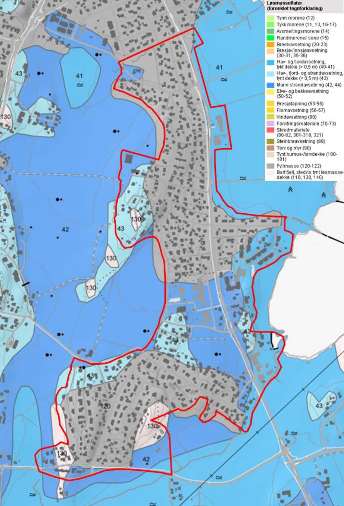 Kvartærgeologisk kart fra ngu.no (høyre) 18.08.23. - Klikk for stort bilde