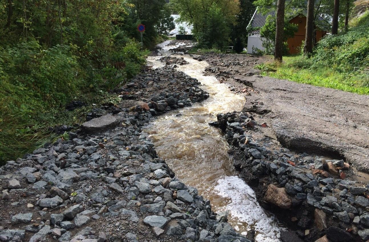 Vann i Styrsvikveien, 2. september 2015. Foto.