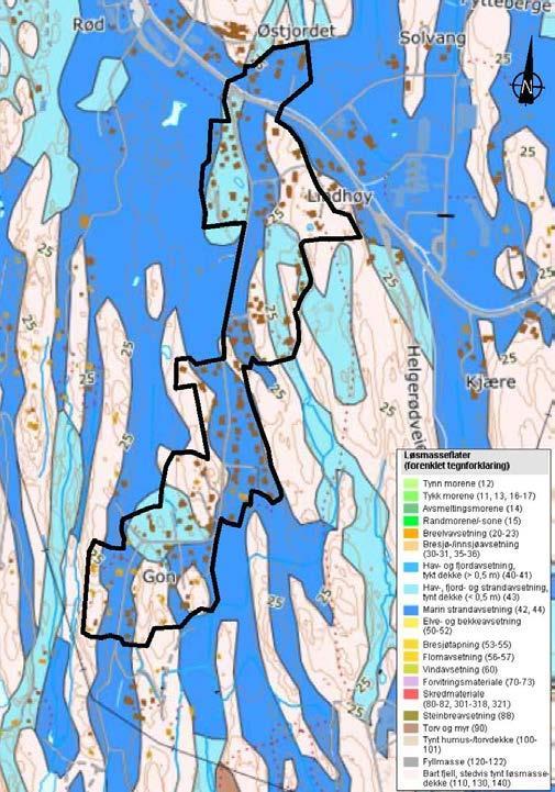 Kvartærgeologisk kart fra www.ngu.no (høyre). - Klikk for stort bilde