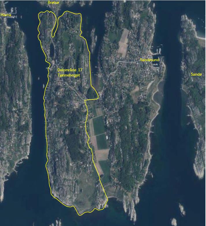 Figur 2. Flyfoto fra www.norgeibilder.no tatt 05.06.2022 med delområde 17 skissemessig markert. - Klikk for stort bilde