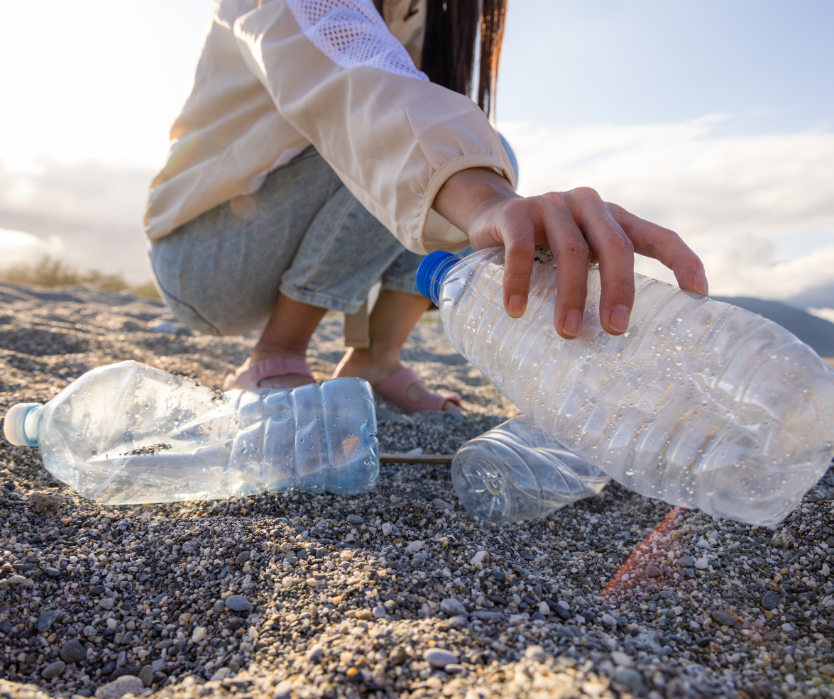 Person plukker plastflasker på stranden - Klikk for stort bilde